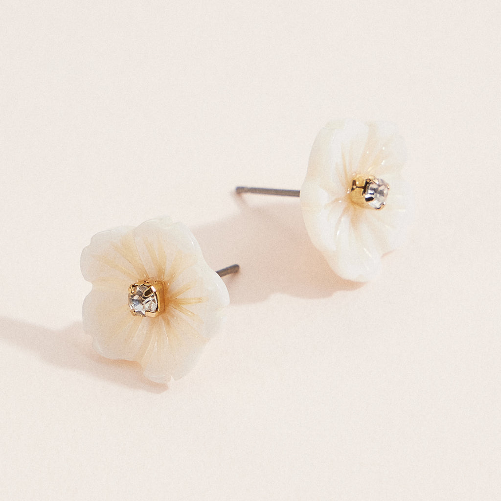 Elegant Mother of Pearl Flower Stud Earrings with Crystal Center – Delicate Floral Jewelry