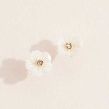 Elegant Mother of Pearl Flower Stud Earrings with Crystal Center – Delicate Floral Jewelry