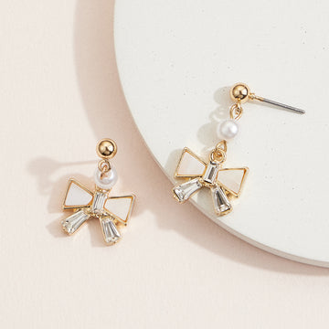 Gold Bow Drop Earrings with Mother of Pearl & Crystal – Elegant Pearl Dangle Earrings