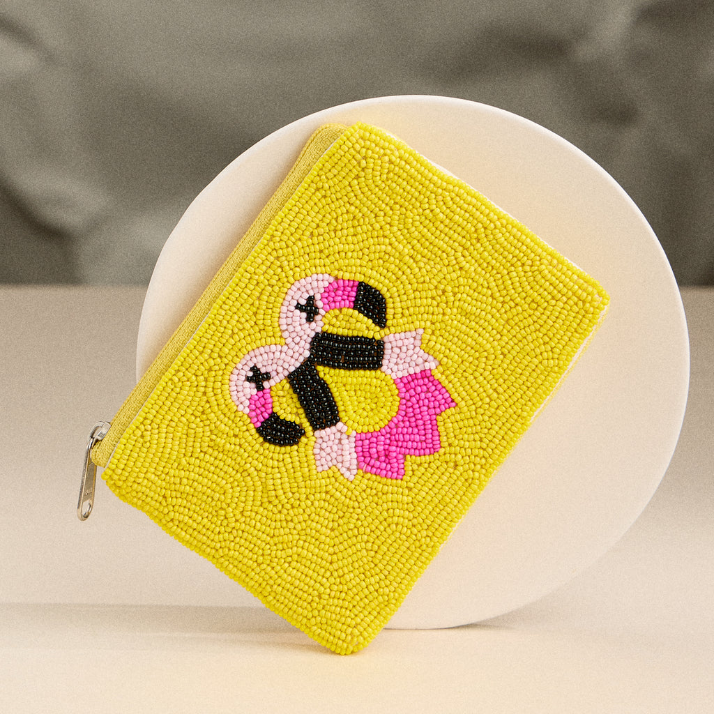 Beaded Flamingo Coin Purse – Yellow Zip Pouch with Handmade Beadwork