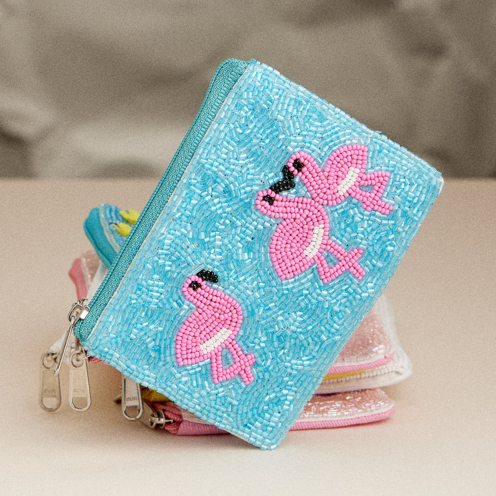 Beaded Flamingo Clutch – Blue Sequin Zip Pouch, Tropical Pink Flamingo Purse