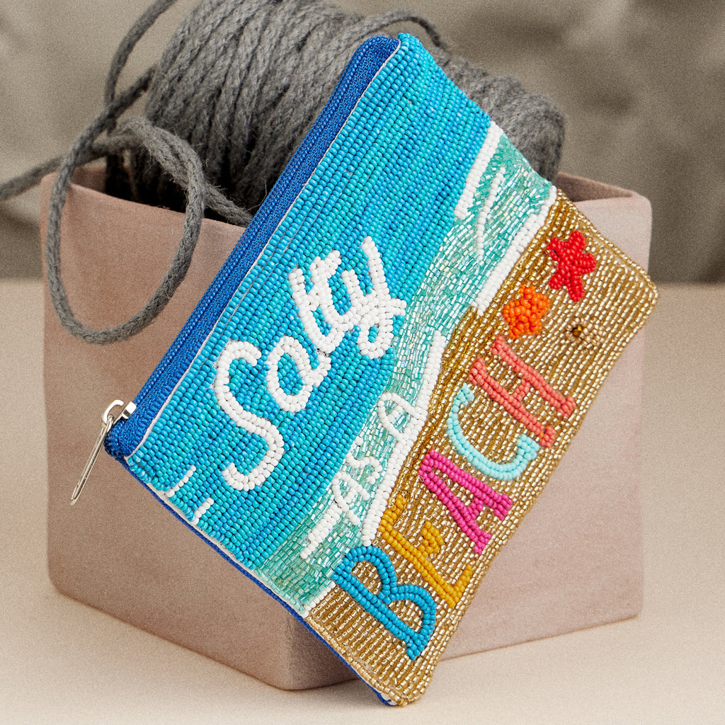 Beaded "Salty as a Beach" Coin Pouch– Fun Coastal Zip Pouch, Ocean-Inspired