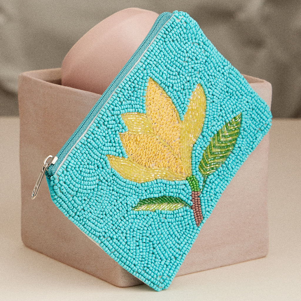 Beaded Floral Coin Purse – Turquoise Zip Pouch with Yellow Flower Design for Travel & Everyday Use