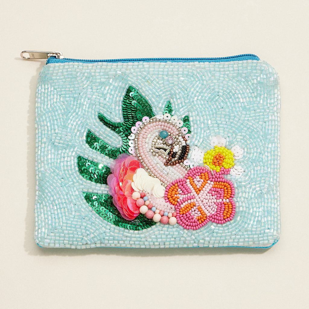 Beaded Flamingo Coin Purse – Tropical Sequin Zip Pouch with Floral & Palm Leaf Design for Travel & Everyday Use