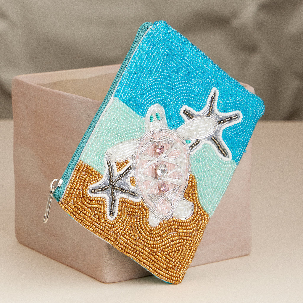 Beaded Sea Turtle Coin Purse – Ocean Beach-Themed Zip Pouch with Starfish & Sand Design for Travel & Everyday Use